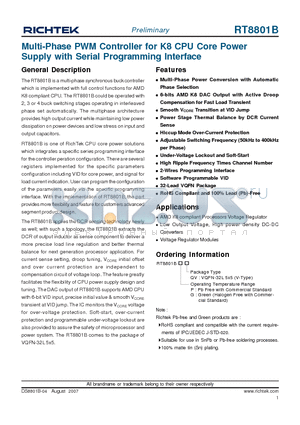 RT8801B datasheet - Multi-Phase PWM Controller for K8 CPU Core Power Supply with Serial Programming Interface