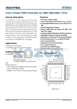 RT8855 datasheet - 4/3/2/1-Phase PWM Controller for AMD AM2/AM2 CPUs