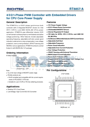 RT8857 datasheet - 4/3/2/1-Phase PWM Controller with Embedded Drivers for CPU Core Power Supply