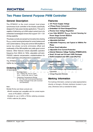 RT8805CGQV datasheet - Two Phase General Purpose PWM Controller