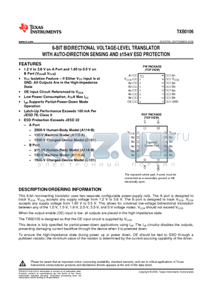 TXB0106PWR datasheet - 6-BIT BIDIRECTIONAL VOLTAGE-LEVEL TRANSLATOR WITH AUTO-DIRECTION SENSING AND a15-kV ESD PROTECTION