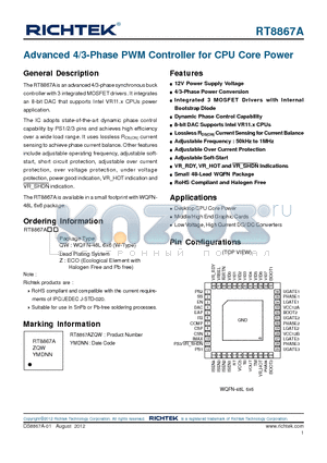 RT8867A datasheet - Advanced 4/3-Phase PWM Controller for CPU Core Power