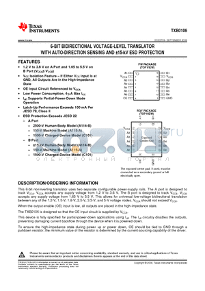 TXB0106RGYR datasheet - 6-BIT BIDIRECTIONAL VOLTAGE-LEVEL TRANSLATOR WITH AUTO-DIRECTION SENSING AND 15-kV ESD PROTECTION