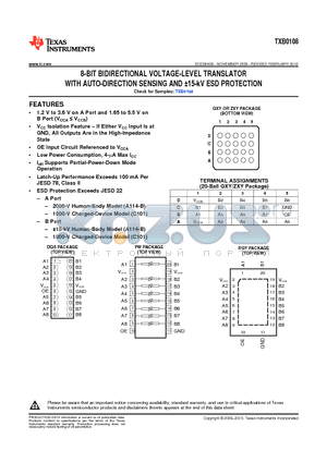 TXB0108 datasheet - 8-BIT BIDIRECTIONAL VOLTAGE-LEVEL TRANSLATOR WITH AUTO-DIRECTION SENSING AND 15-kV ESD PROTECTION