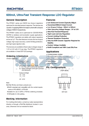 RT9001 datasheet - 600mA, Ultra-Fast Transient Response LDO Regulator