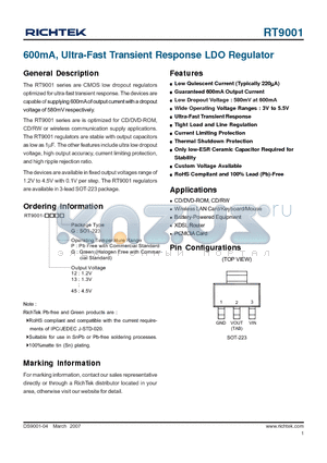 RT9001-12GG datasheet - 600mA, Ultra-Fast Transient Response LDO Regulator