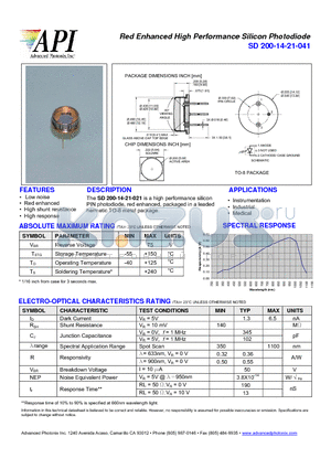 SD200-14-21-041 datasheet - Red Enhanced High Performance Silicon Photodiode