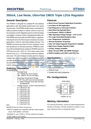 RT9004APQV datasheet - 300mA, Low Noise, Ultra-Fast CMOS Triple LDOs Regulator