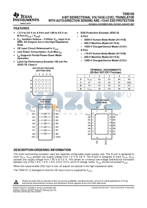 TXB0108RGYR datasheet - 8-BIT BIDIRECTIONAL VOLTAGE-LEVEL TRANSLATOR WITH AUTO-DIRECTION SENSING AND a15-kV ESD PROTECTION