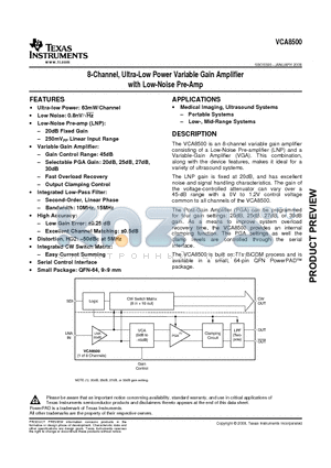 VCA8500IRGCT datasheet - 8-Channel, Ultra-Low Power Variable Gain Amplifier with Low-Noise Pre-Amp