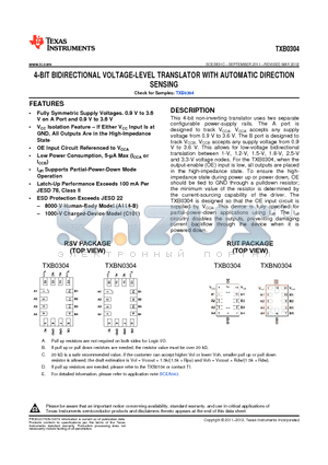 TXBN0304RUTR datasheet - 4-BIT BIDIRECTIONAL VOLTAGE-LEVEL TRANSLATOR WITH AUTOMATIC DIRECTION SENSING