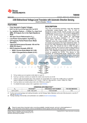 TXB0302 datasheet - 2-Bit Bidirectional Voltage-Level Translator with Automatic Direction Sensing