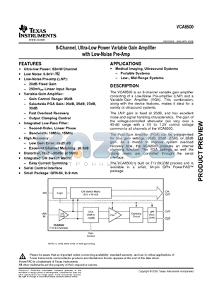 VCA8500 datasheet - 8-Channel, Ultra-Low Power Variable Gain Amplifier with Low-Noise Pre-Amp