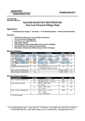 SD200SA30B datasheet - SILICON SCHOTTKY RECTIFIER DIE Very Low Forward Voltage Drop