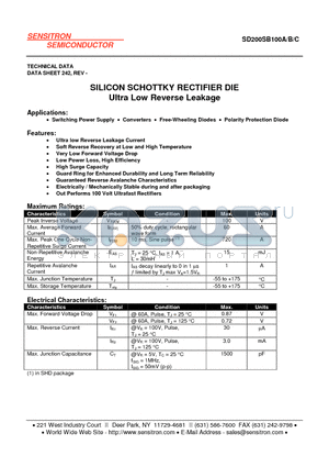 SD200SB100B datasheet - SILICON SCHOTTKY RECTIFIER DIE Ultra Low Reverse Leakage