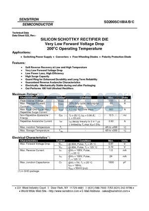 SD200SC100C datasheet - SILICON SCHOTTKY RECTIFIER DIE Very Low Forward Voltage Drop 200`C Operating Temperature