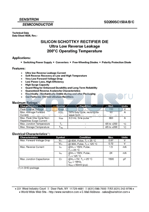 SD200SC150A datasheet - SILICON SCHOTTKY RECTIFIER DIE Ultra Low Reverse Leakage 200`C Operating Temperature