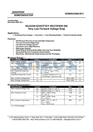 SD200SC200A datasheet - SILICON SCHOTTKY RECTIFIER DIE Very Low Forward Voltage Drop