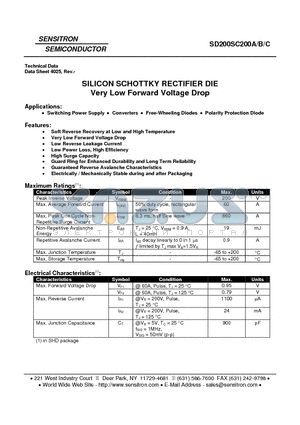 SD200SC200C datasheet - SILICON SCHOTTKY RECTIFIER DIE Very Low Forward Voltage Drop