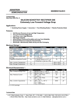 SD200SD15A_09 datasheet - SILICON SCHOTTKY RECTIFIER DIE Extremely Low Forward Voltage Drop