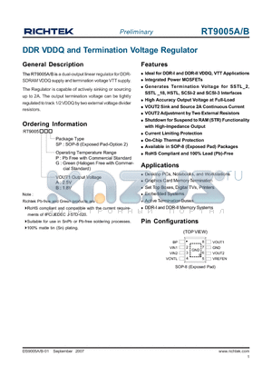 RT9005A datasheet - DDR VDDQ and Termination Voltage Regulator