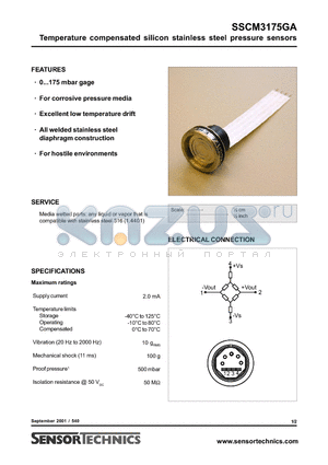 SSCM3175GA datasheet - Temperature compensated silicon stainless steel pressure sensors