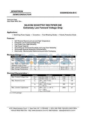 SD200SE45C datasheet - SILICON SCHOTTKY RECTIFIER DIE Extremely Low Forward Voltage Drop