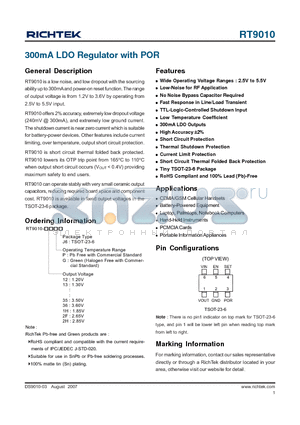 RT9010 datasheet - 300mA LDO Regulator with POR