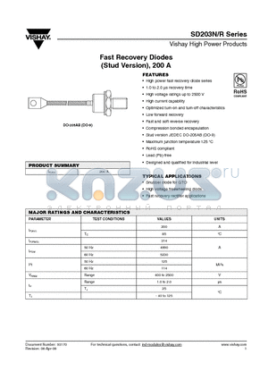 SD203N/R10S10 datasheet - Fast Recovery Diodes (Stud Version), 200 A