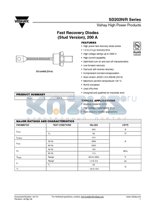 SD203N/R14S15 datasheet - Fast Recovery Diodes (Stud Version), 200 A