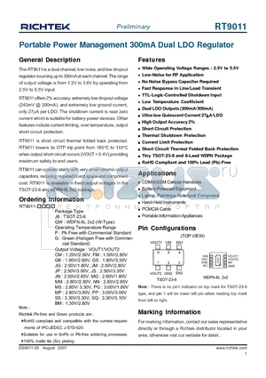 RT9011-BMGJ6 datasheet - Portable Power Management 300mA Dual LDO Regulator