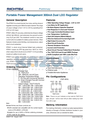 RT9011-GKGJ6 datasheet - Portable Power Management 300mA Dual LDO Regulator