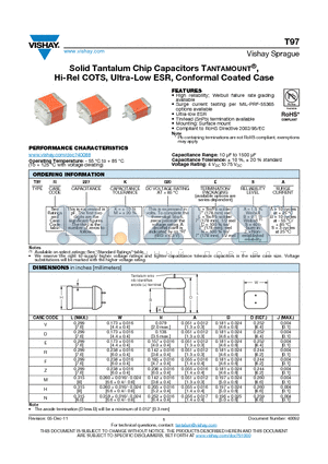 T97 datasheet - Solid Tantalum Chip Capacitors TANTAMOUNT^,Hi-Rel COTS, Ultra-Low ESR, Conformal Coated Case