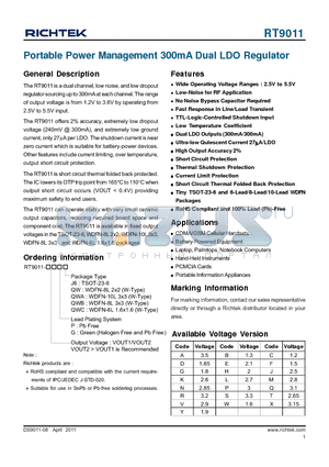 RT9011_11 datasheet - Portable Power Management 300mA Dual LDO Regulator