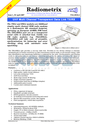 TXL2-433-4 datasheet - UHF Multi Channel Transparent Data Link TX/RX