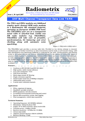 TXL2-433-9 datasheet - UHF Multi Channel Transparent Data Link TX/RX