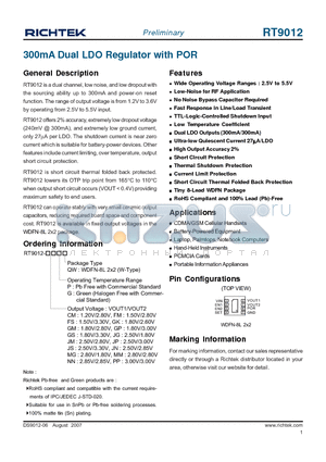 RT9012-JSGQW datasheet - 300mA Dual LDO Regulator with POR