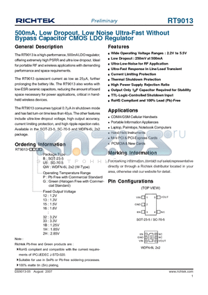 RT9013-13GQW datasheet - 500mA, Low Dropout, Low Noise Ultra-Fast Without Bypass Capacitor CMOS LDO Regulator