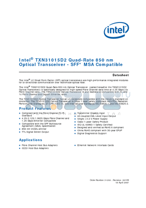 TXN31015D2 datasheet - Quad-Rate 850 nm Optical Transceiver - SFF* MSA Compatible