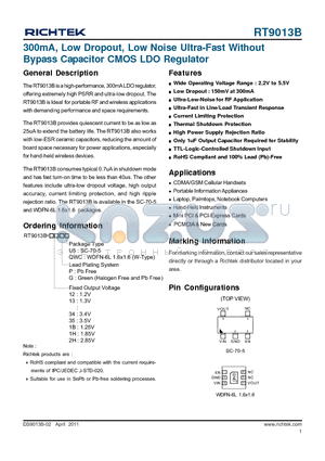 RT9013B datasheet - 300mA, Low Dropout, Low Noise Ultra-Fast Without Bypass Capacitor CMOS LDO Regulator