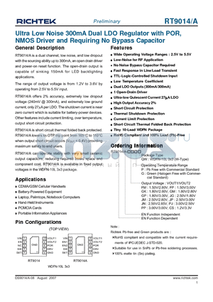 RT9014 datasheet - Ultra Low Noise 300mA Dual LDO Regulator with POR, NMOS Driver and Requiring No Bypass Capacitor