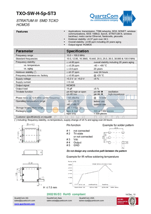 TXO-SW-H-5P-ST3 datasheet - STRATUM III SMD TCXO HCMOS Overall stability 4.60 ppm including 20 years aging