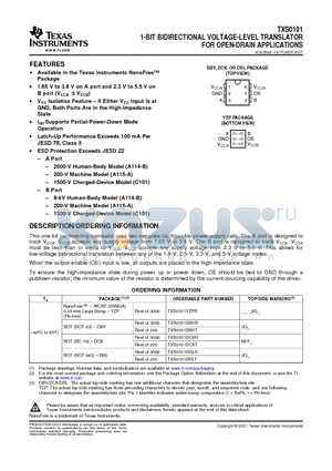 TXS0101DBVT datasheet - 1-BIT BIDIRECTIONAL VOLTAGE-LEVEL TRANSLATOR FOR OPEN-DRAIN APPLICATIONS