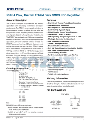 RT9017-15GBR datasheet - 500mA Peak, Thermal Folded Back CMOS LDO Regulator