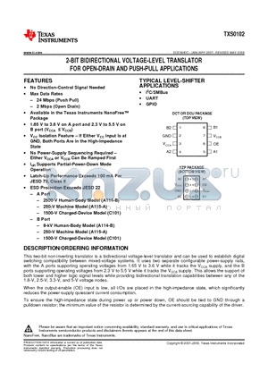 TXS0102 datasheet - 2-BIT BIDIRECTIONAL VOLTAGE-LEVEL TRANSLATOR FOR OPEN-DRAIN AND PUSH-PULL APPLICATIONS