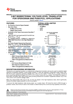 TXS0102DCTR datasheet - 2-BIT BIDIRECTIONAL VOLTAGE-LEVEL TRANSLATOR FOR OPEN-DRAIN AND PUSH-PULL APPLICATIONS