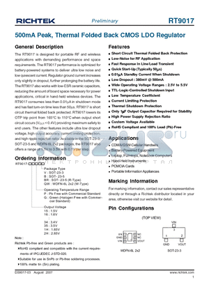 RT9017-2HGBR datasheet - 500mA Peak, Thermal Folded Back CMOS LDO Regulator