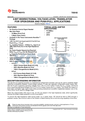 TXS0102 datasheet - 2-BIT BIDIRECTIONAL VOLTAGE-LEVEL TRANSLATOR FOR OPEN-DRAIN AND PUSH-PULL APPLICATIONS