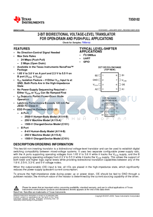 TXS0102DCTTE4 datasheet - 2-BIT BIDIRECTIONAL VOLTAGE-LEVEL TRANSLATOR FOR OPEN-DRAIN AND PUSH-PULL APPLICATIONS
