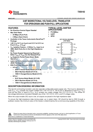 TXS0102DCUR datasheet - 2-BIT BIDIRECTIONAL VOLTAGE-LEVEL TRANSLATOR FOR OPEN-DRAIN AND PUSH-PULL APPLICATIONS